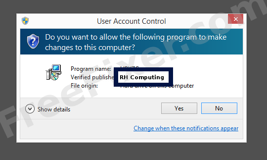 Screenshot where RH Computing appears as the verified publisher in the UAC dialog